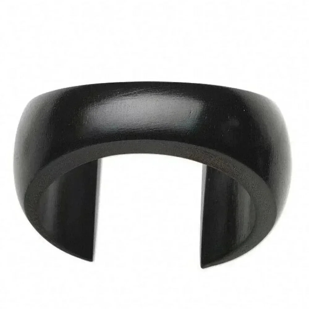 Chunky Modernist Curved Black Wood Wide Cuff Bracelet Avant Garde Euro Style